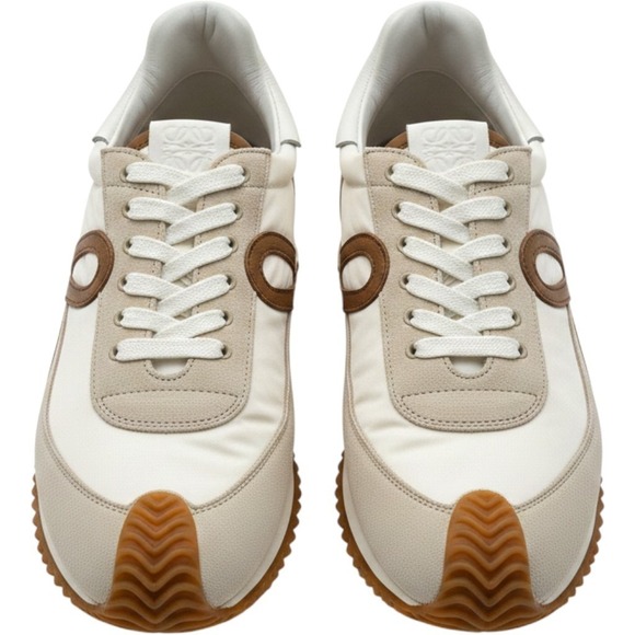 Loewe Shoes - Loewe Flow Runner Sneakers White Tan Suede Nylon Lace Up Low Top Shoes EU 39